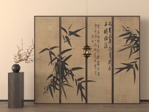 新中式屏风 隔断 折叠式屏风 推拉式屏风隔断su模型