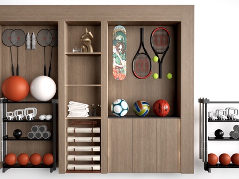 体育器材墙 体育用品展示柜 羽毛球拍 网球拍su模型