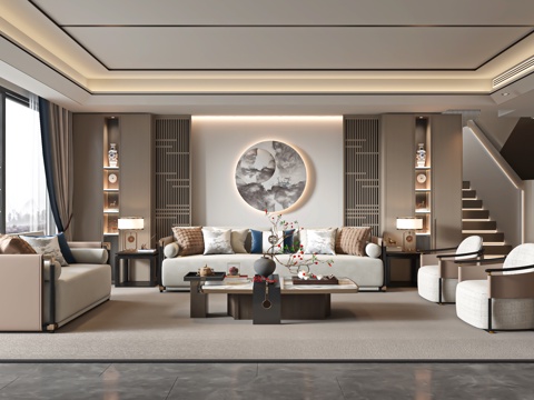  新中式客厅3d模型 