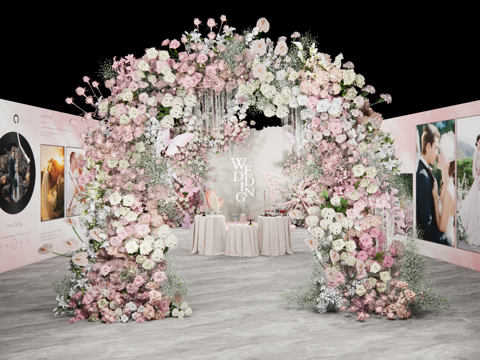 粉色通道婚礼展示区花艺美陈su模型