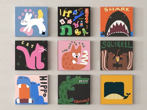 现代儿童挂画 儿童房装饰画 简约卡通挂画 挂画组合 床头挂画su模型