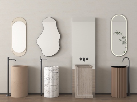 现代台盆 柱盆 水龙头 洗手台 镜子su模型