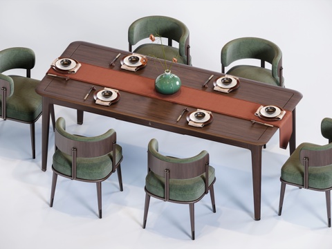 新中式长条餐桌椅组合su模型