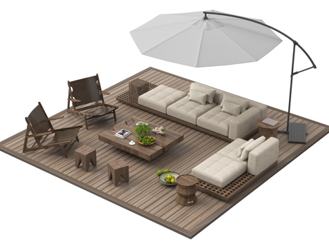 侘寂户外沙发 庭院户外沙发 沙发茶几组合 休闲椅 遮阳伞su模型