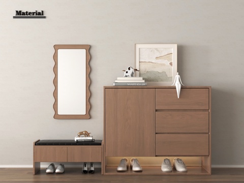 现代玄关鞋柜 木材 矮柜 镜子 换鞋凳su模型