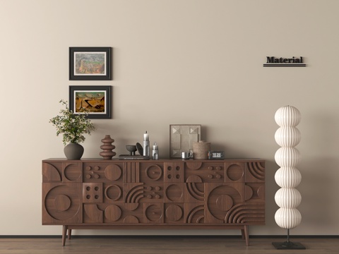 侘寂风玄关柜 实木雕花复古边柜 落地灯 挂画 摆件su模型