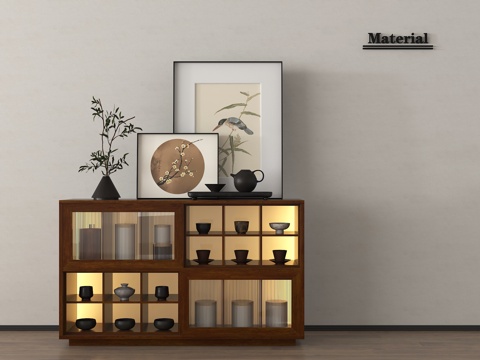 新中式玄关柜 餐边柜 挂画 摆件su模型