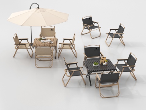 现代户外桌椅 户外桌椅组合 露营桌椅 折叠桌椅 遮阳伞su模型
