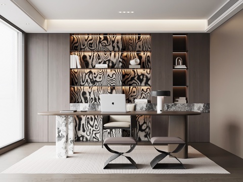 现代意式书房 书桌椅 书柜su模型