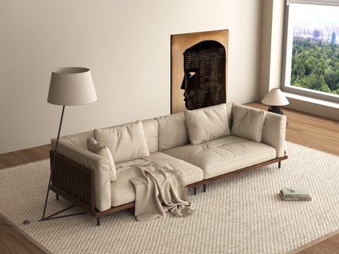 中古风双人沙发  落地灯 装饰画su模型