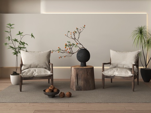 侘寂风休闲椅组合 实木 盆栽 摆件su模型