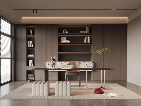 现代意式书房 书桌椅 书柜su模型