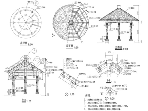 景观茅草六角攒尖圆顶凉亭 CAD施工图cad施工图