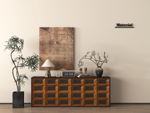 中古侘寂玄关柜 端景玄关柜 入户玄关柜 盆栽 摆件su模型