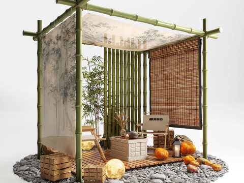 新中式集市美陈 古风露营集市造景 露营椅su模型