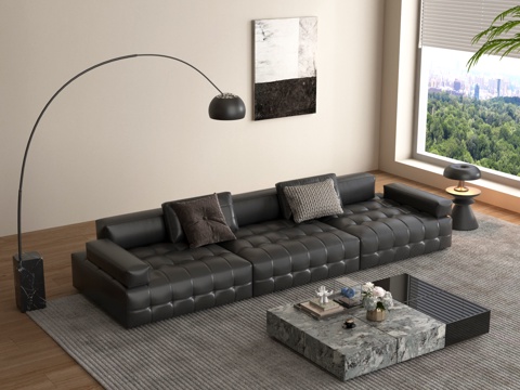 现代意式沙发 皮质多人沙发 客厅沙发 落地灯 大理石茶几su模型