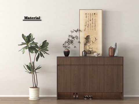 新中式玄关鞋柜 木材 矮柜 盆栽 装饰画su模型