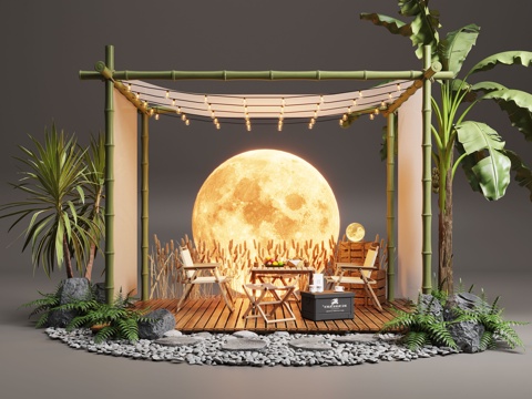 现代露营风植物造景 露营风造景装置 景观植物 露营椅su模型