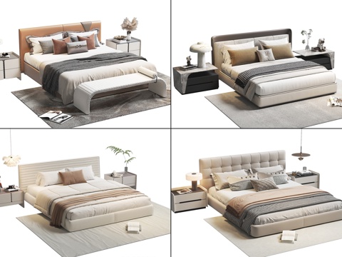  现代双人床 落地床 有床头靠背3d模型 