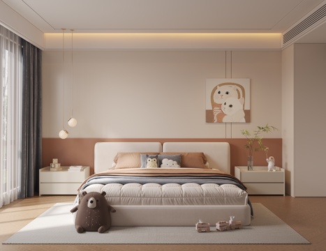 现代简约女孩房 现代女孩房 双人床 吊灯 装饰画su模型