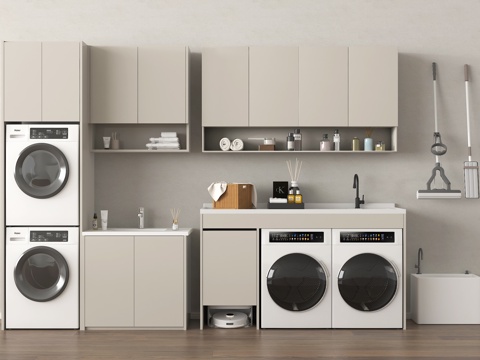 现代洗衣机柜 阳台柜 拖把池 洗衣机 烘干机 扫地机器人 卫su模型