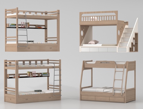 现代高低床 上下床 上下铺 双层床 儿童床su模型