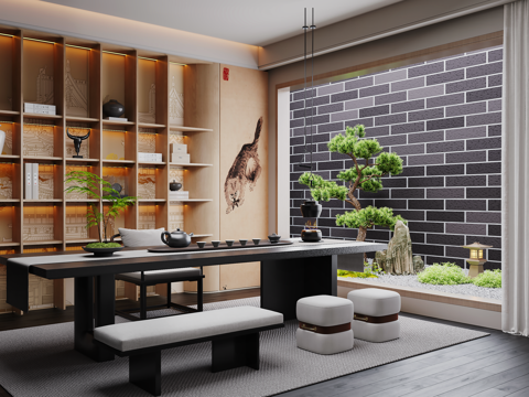 宋式新中式茶室 茶室柜 茶桌椅 景观小品su模型