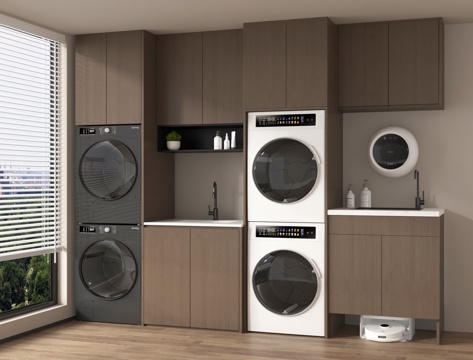 现代洗衣机柜 洗衣机 烘干机 扫地机器人 壁挂式洗衣机 阳台su模型