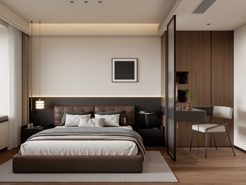 现代意式家居卧室  梳妆台玻璃隔断 卧室衣柜  意式双人床su模型