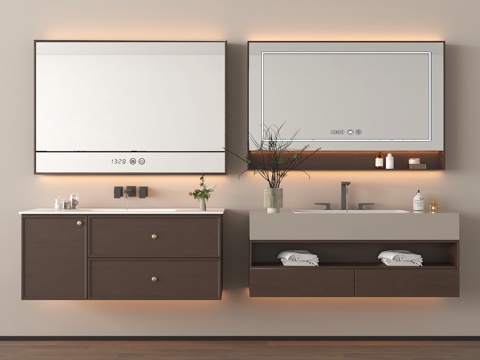 中古风浴室柜 悬空浴室柜 镜柜 卫浴用品su模型