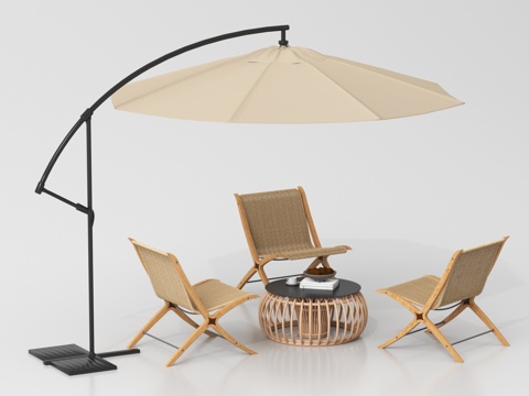 现代户外桌椅 户外休闲桌椅 藤编椅 遮阳伞su模型