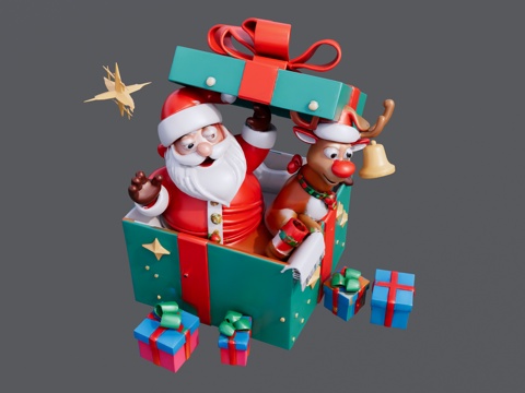 圣诞老人和麋鹿装饰礼盒摆件su模型