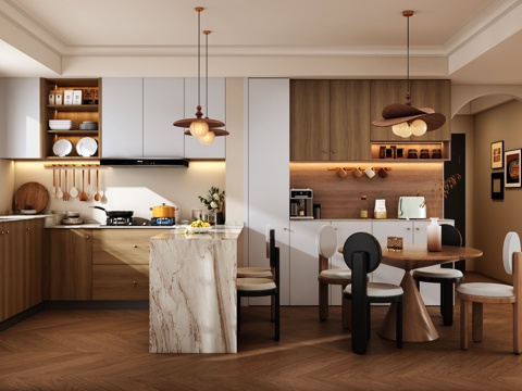  中古风餐厅开放式厨房餐桌椅餐边柜橱柜吊灯3d模型 