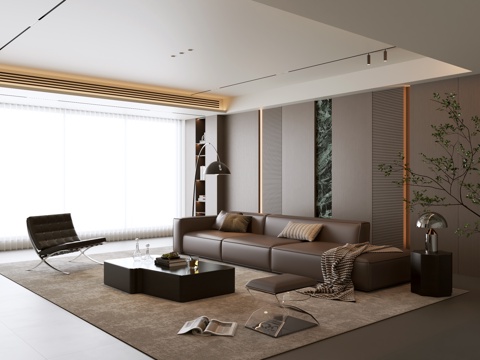 意式客厅 现代客厅 沙发茶几组合 沙发背景墙 皮质沙发su模型