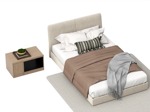  现代单人床 床品 床头柜 布艺单人床3d模型 