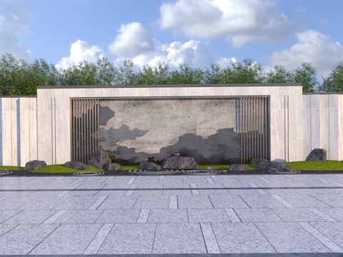  新中式山水格栅景墙3d模型 