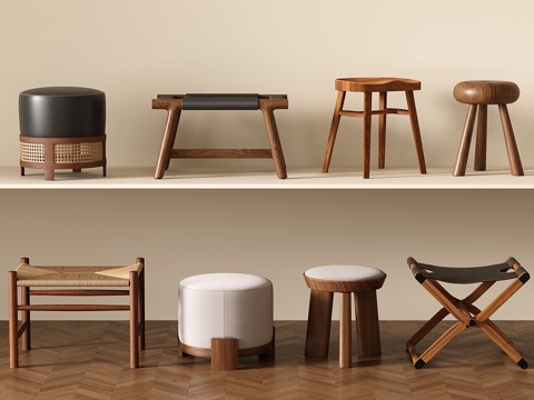中古风凳子 侘寂沙发凳 木凳 藤编凳子su模型