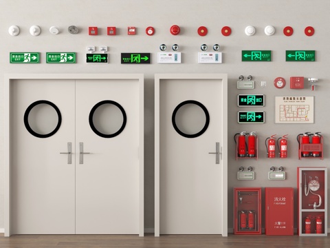 现代消防门 防火门 消防栓 灭火器 安全出口 应急感应灯 喷su模型