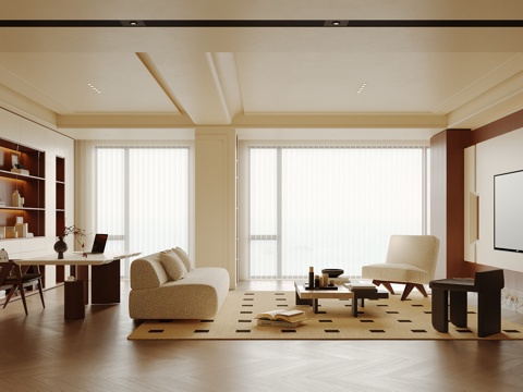 中古风客厅 沙发茶几组合 书桌椅 电视背景墙 书柜su模型