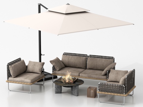  现代户外沙发 藤编户外沙发 茶几 休闲单椅 遮阳伞3d模型 