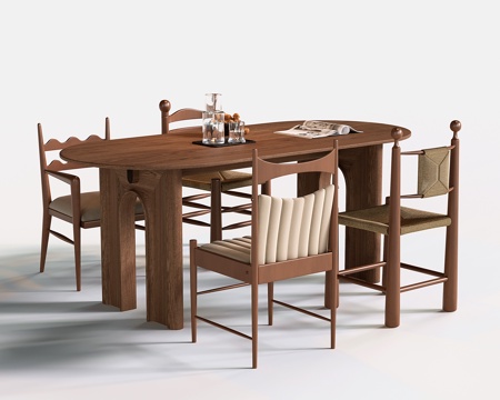 中古实木餐桌椅 侘寂长方形餐桌 餐椅su模型