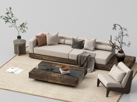 侘寂沙发组合 沙发茶几 边几 休侘寂沙发组合 沙闲单椅 摆件su模型