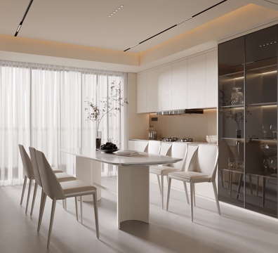  奶油风餐厅 餐桌椅 酒柜3d模型 