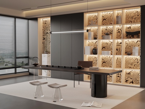 现代意式书房 茶室 茶桌椅su模型