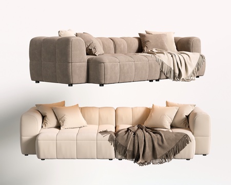 法式三人沙发 奶油风布艺沙发 泡芙沙发su模型