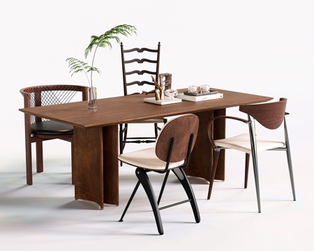 法式餐桌椅 中古长方形实木餐桌 餐椅su模型