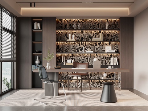 现代意式书房 书桌椅 书柜su模型