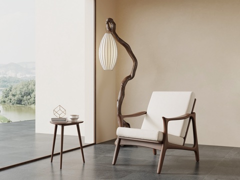 休闲椅 新中式休闲椅 落地灯 边几 饰品摆件su模型