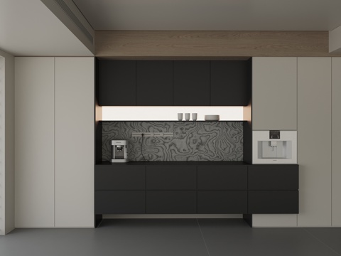 现代餐边柜 实木餐边组合柜 实木备餐柜 直饮机 咖啡机 餐具su模型