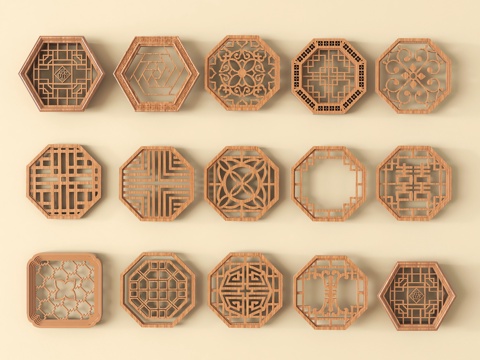 新中式六边形镂空窗 镂空花格窗su模型